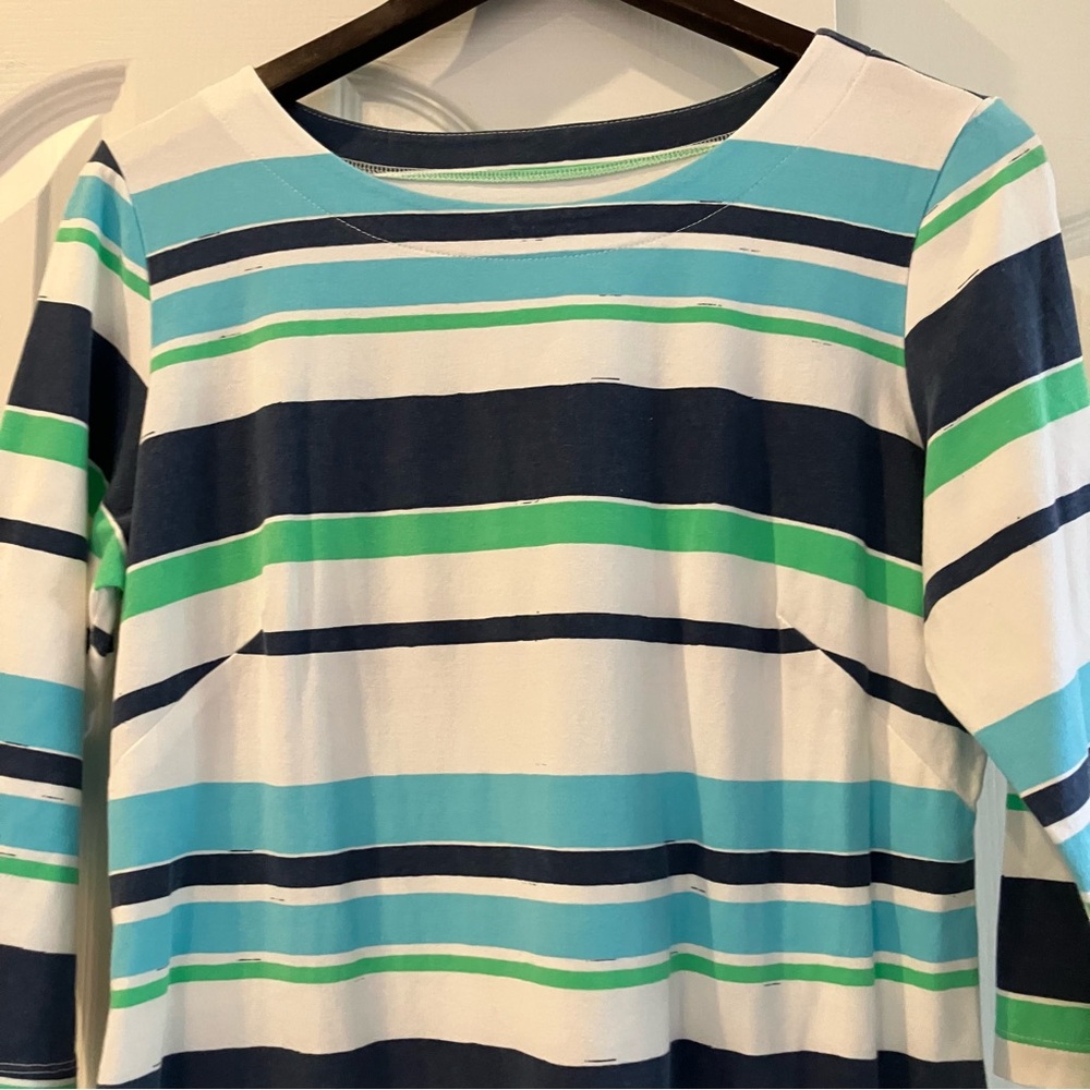 MAHI GOLD Womens Large Blue Green White Striped 3/4 Sleeve Stretch Cotton Dress - Picture 2 of 10